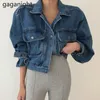 Gaganight Frühling Denim Jacke Frauen Revers Puff Langarm Kurze Outwear Vintage Casual Jean Jacken Denim Mantel Weibliche 210519