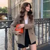 Vintage Plaid Double Breasted Blazer Jacket Women Khaki Ladies Business Elegant Coat Höst Vinter 210427