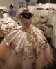 2021 Bling Princess Quinceanera Dresses Champgne Koronki Aplikacje Kryształ Frezowanie Rękawy V Neck Suknia Piłka Formalne Suknie Wieczorowe Vestidos z kokardą