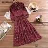 Koreansk stil långärmad vintage blommig kvinna klänning med sashes söta ruffles chiffong klänningar elegant chic midi party vestidos 210520