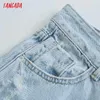 Tangadaファッション女性ライトブルーリッピングジーンズパンツロングズボンポケットボタン女性パンツ4M172 210609