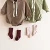 Wholesale Spring Baby Bodysuits Pure Colour Long Sleeve Hooded Romper Boys Girls Sweatshirt Clothes E746 210610