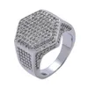 Moda Micro pavimentato CZ Zircone Anello da dito esagonale Iced Out Bling Punk Cubic Zirconia Anelli Gioielli Oro bianco reale 18 carati Mens Hip Hop Regali di fidanzamento per gli amanti