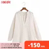 Tangada Women Retro Embroidery Romantic High Quality Shirt Hollow Out V Neck Chic Female Shirt Tops 6Z120 210609