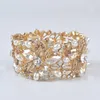 Luxury Champagne Color Crystal Pearl Cuff Bangles Bracelet Big Wide Stretch Indian Bangle Jewelry Gifts for Women Accesorios Q0720