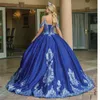 2022 Royal Blue Satin Prom Quinceanera Dress A-ligne Spaghetti Bretelles Perlées Épaule Froide Robe De Bal Robe Formelle Sweet 16 Filles