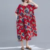 Johnature Mujer Rojo Estampado Floral Vestidos Cintura Alta Verano Mezcla de Algodón Casual Mujer Ropa Vestidos de Manga Corta 210521