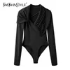 Black Irregular Ruched Bodysuit For Women V Neck Long Sleeve High Waist Slim Sexy Jumpsuits Female Fashion 210521