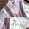 Japansk preppy stil höstkvinnor miniklänning rufsad krage kontrast färg pläd lös blommig broderi kawaii student s 210520