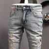 Italian Style Fashion Men Jeans Retro Blue Gray Elastic Slim Ripped Patchwork Designer Hip Hop Splashed Denim Pants