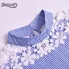 Stand Collar Hollow out Lace Striped Short Sleeve Women Blouses Tops Fashion Summer High Street Casual Blouse 210510