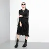 [EAM] Women Black Lace Split Big Size Midi Dress Round Neck Long Sleeve Loose Fit Fashion Spring Autumn 1Z834 21512