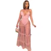 Casual Dress for Women Sexig Spaghetti Strap Mesh V-Neck Summer Long Maxi Se genom Loose Beach odefinierade kläder 210525