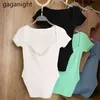 Spring Knitted Tees For Women Sexy V Neck Short Sleeve Tshirts Casual Basic Summer Ribbed Slim Cropped Tops 210601