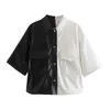 Moda donna monopetto camicia con cuciture in bianco e nero Tasche di arrivo High Street Summer Camicetta femminile Top vintage 210521