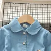 2021 Herfst Nieuwe Denim Jurk Meisjes Revers Print Puff Sleeve Gaas Patchwork Koreaanse Lange Mouw Kleding Baby Kids Meisjes Jurk G1026