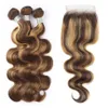 Mettez en surbrillance les cheveux raides brésiliens 3 faisceaux avec fermetures Partie libre P4 / 27 Couleur Full Soft Dyeable