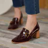Leather Women Shoes Slip-On Retro Belt Buckle Shoes Thick Heel Fashion Spring/Autumn Pumps Size 34-40