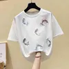 Koreansk stil Kvinnors Beading Bomull Korta Ärmar T-shirt Sommar Tee Girls Ladies Pullover Casual Toppar Tees A2549 210428