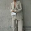 Xeasy Women Two-Piece Set Grey Vintage Office Lady Single Bouton Notched Blazer Femme Pants de taille haute élastique Loose