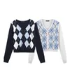 Slim Girls Fashion Geometric Rhombic Cardigan Kvinnor Tröja Vårhöst Varm Långärmad Outwear Vinter Chic Strikkad Kvinna 210521