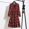 11 Stil Güzel Moda Yaz Kadın Uzun Kollu Elbise Retro Yaka Rahat Yüksek Bel Elbiseler Çiçek Baskı Şifon Giyim Y0603