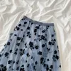 Floral Print High Waist Pleated Long Tulle Skirt Women Summer A-line Tutu Skirts Womens Elegant Black White Blue 210529