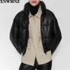 Za herfst winter vrouwen mode faux lederen dikke warme gewatteerde jas jas vintage elastische zoom vrouwelijke bovenkleding chic top 210510