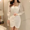Sexig vit kontor mini klänning koreanska damer sommar spets långärmad kvadratisk hals bodycon party klänningar för kvinnor 210602
