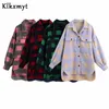 KLKXMYTファッション格子縞のウールのシャツジャケットの女性ポケット襟のルーズチェックジャケットコート女性シックなアウターストリートウェア210527