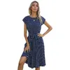 Zomer dames boho jurk polka dots print bandage korte mouw temperament o nek ruche casual losse straatkleding vrouwen jurken 210608