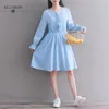 Mori Girl Autunno Donna Abiti dolci Elegante ricamo a righe Elbise Lino Vintage Kawaii Abito femminile Abiti con nappa 210520