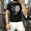 New Men's T-Shirts Rhinestones Designer Tiger's Head Printing Hip Hop Street Short Sleeve Plus Size Streetwear O-Neck Male Top Clothing Blue Red Black White M-4XL