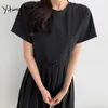 Yitimuceng Long Dresses for Women Fashion High Waist Ruched Draw String Solid Black Khaki Sundress Summer Korean Dress 210601