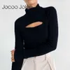 Jocoo jolee dames lente herfst herfst sexy solide holle gebreide t-shirt met lange mouwen casual elegante coltrui schroefdraad top 210619