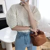 Women's Blouses & Shirts Black Floral Puff Sleeve Women 2022 Spring Summer Vintage Casual Round Collar Flower Crochet Hollow Out Lady Tops