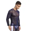 Bleu ciel transparent résille t-shirt hommes Sexy à manches longues Transparent t-shirt Homme ajusté maille pure haut sous-vêtements 210522