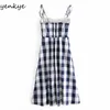 Vintage Plaid Sexy Slits Sling Dress Femmes Sans Manches A-ligne Midi Summer Fashion Lady Night Out Party Vestido 210514