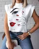 Femmes T-Shirt Mode Lèvres Élégantes Imprimer Tops D'été Bureau Dames Casual Col Montant À Manches Courtes Vêtements 210522