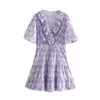 Violet imprimé à volants femme robes été Vintage manches courtes bouffantes fête Mini robe femmes froncées taille Vestidos 210430