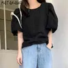 MATAKAWA Folds Loose Shirt Korean Chic Summer Tops Temperament Green Round Neck Blusas Pleated Short Puff Sleeve Blouse Women 210513