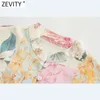 Zevity Women Elegant Pink Flower Print Shirtdress女性長袖ボウサッシュVestido Chic a Line Mini Dresses DS8173 210320