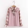 HSA Frauen Casual Blusen Flare Sleeve Plaid Frühling Tops Outwear Fliege Rosa Strick Weste Gefälschte 2 stücke Koreanische Tops mädchen College Tops 210716