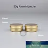 50 unids / lote Venta al por mayor 50 g Tarro de crema de aluminio vacío Tapa de oro sólido Envase de crema facial Botella recargable Mujeres Vial para polvo Precio de fábrica diseño experto Calidad