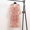 到着滑走路夏の花の刺繍のオーバーレイトレンチのドレスの女性のめった襟ランタンスリーブベルトメッシュ210603