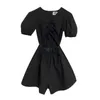 PERHAPS U Solid Pocket Black White V Neck Short Sleeve Puff Sleeve Rompers Summer Hollow Out J0132 210529
