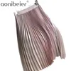 Solid Color Autumn Winter High Waist Metallic Skirts for Women Fashion Pleated Female Swing Casual Midi 210604