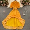 Summer Sweet Purple/Pink/Yellow Polka Dot Chiffon Long Dress Women Elegant Turn-Down Collar Short Sleeve Pleated Vestidos Sashes Y0603