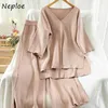 Neploe Sweet Suit V-neck Solid Color Split Knitted Pullovers + Straight Stretch Waist Wide Leg Pants 2 Piece Set Women 210423