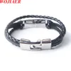 WOJIAER Bracelet dichroïque fait main noir pour hommes et breloque en acier inoxydable bracelets en cuir véritable tressé bijoux BC008